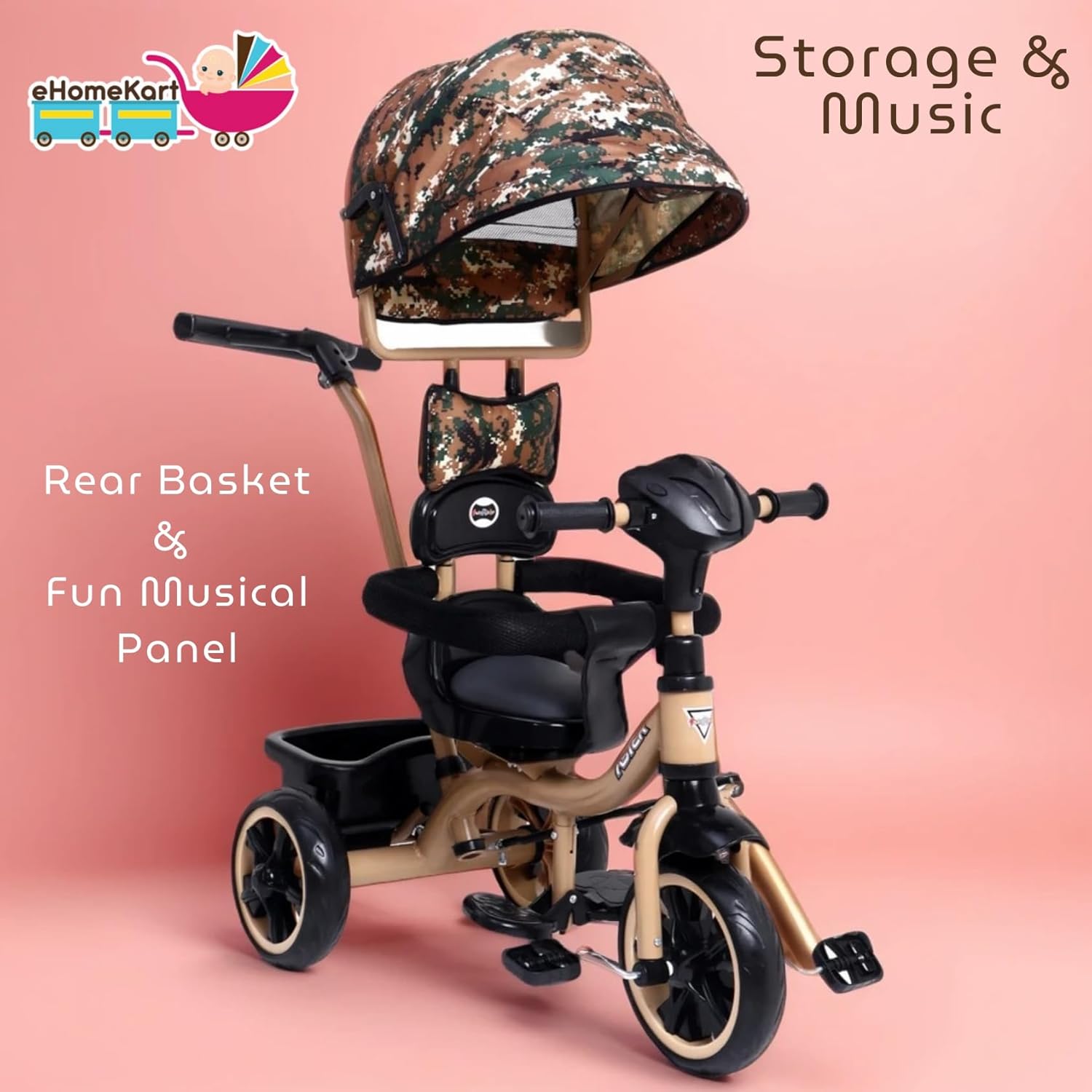 Aster 4-in-1 Musical Trike for Kids in beige and black, with a unique camouflage print sun canopy, convertible design from stroller to tricycle, removable parent push handle, safety harness, footrests, and musical features. Perfect for U SMILE TOYS outdoor play. www.usmile.toys